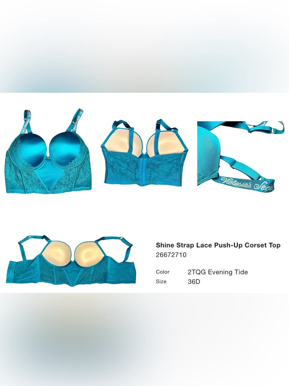 Victoria's Secret Shine Strap Lace Push-Up Corset Top in Teal/Evening Tide - 36D